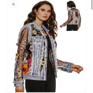 ADORE denim jacket with sheer embroidered floral sleeves